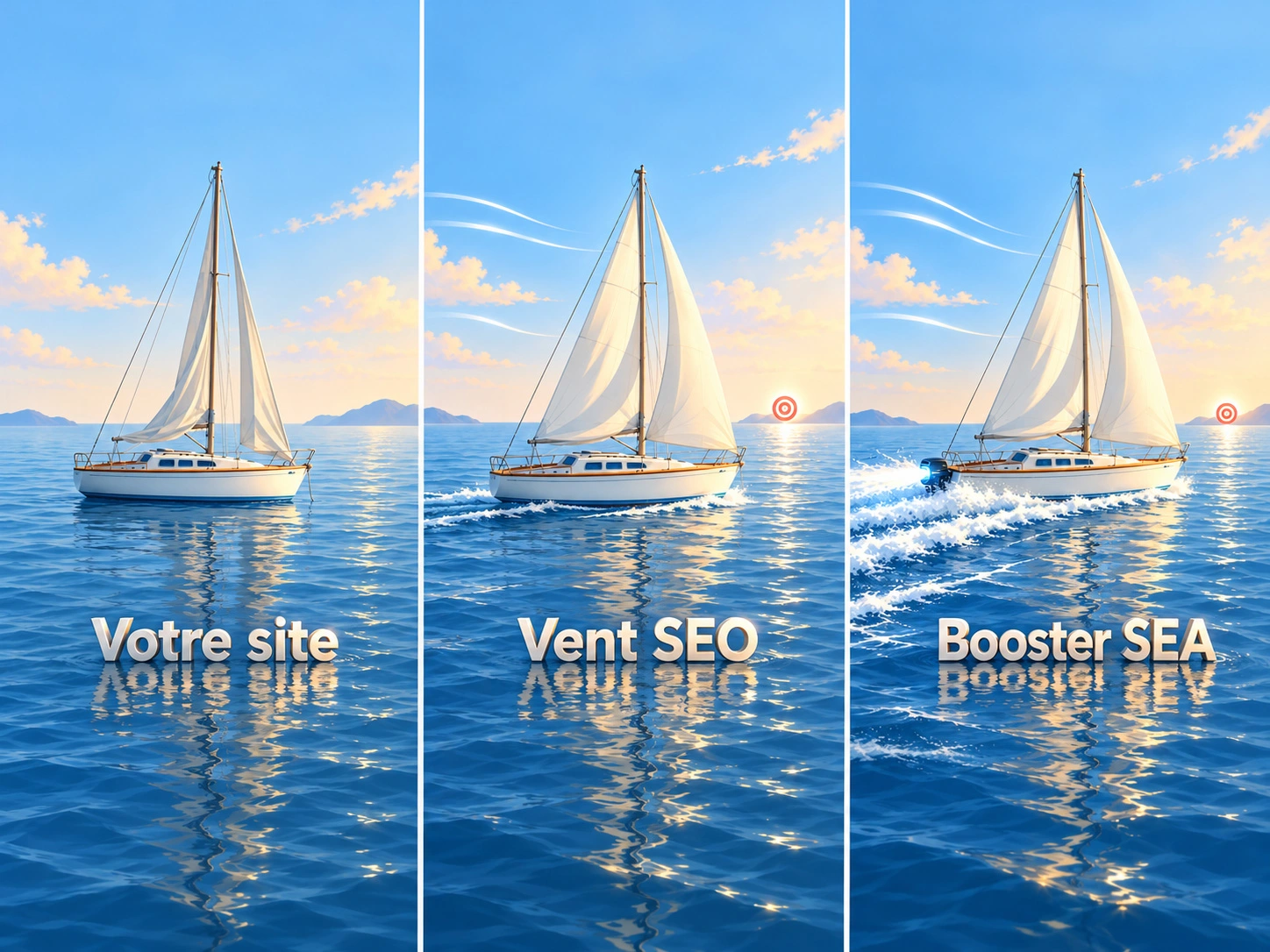 Illustration comparative en trois scènes : un voilier immobile sans SEO ni SEA, un voilier guidé vers une cible avec le SEO, puis propulsé plus vite avec le SEO et le SEA.