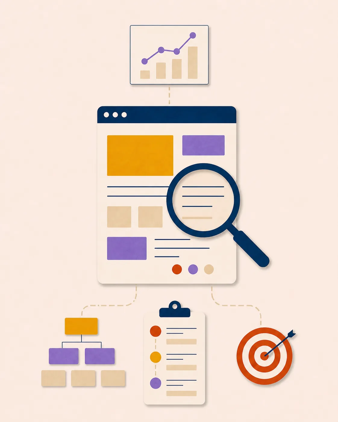 Page de site analysée avec une loupe, des indicateurs et des objectifs