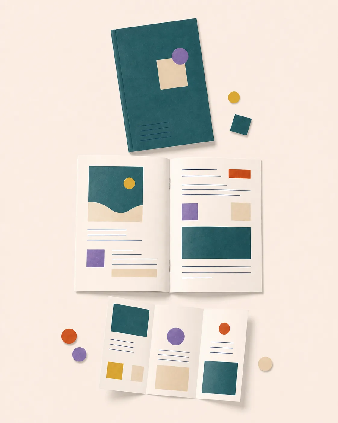 Brochure fermée, double page éditoriale et dépliant corporate