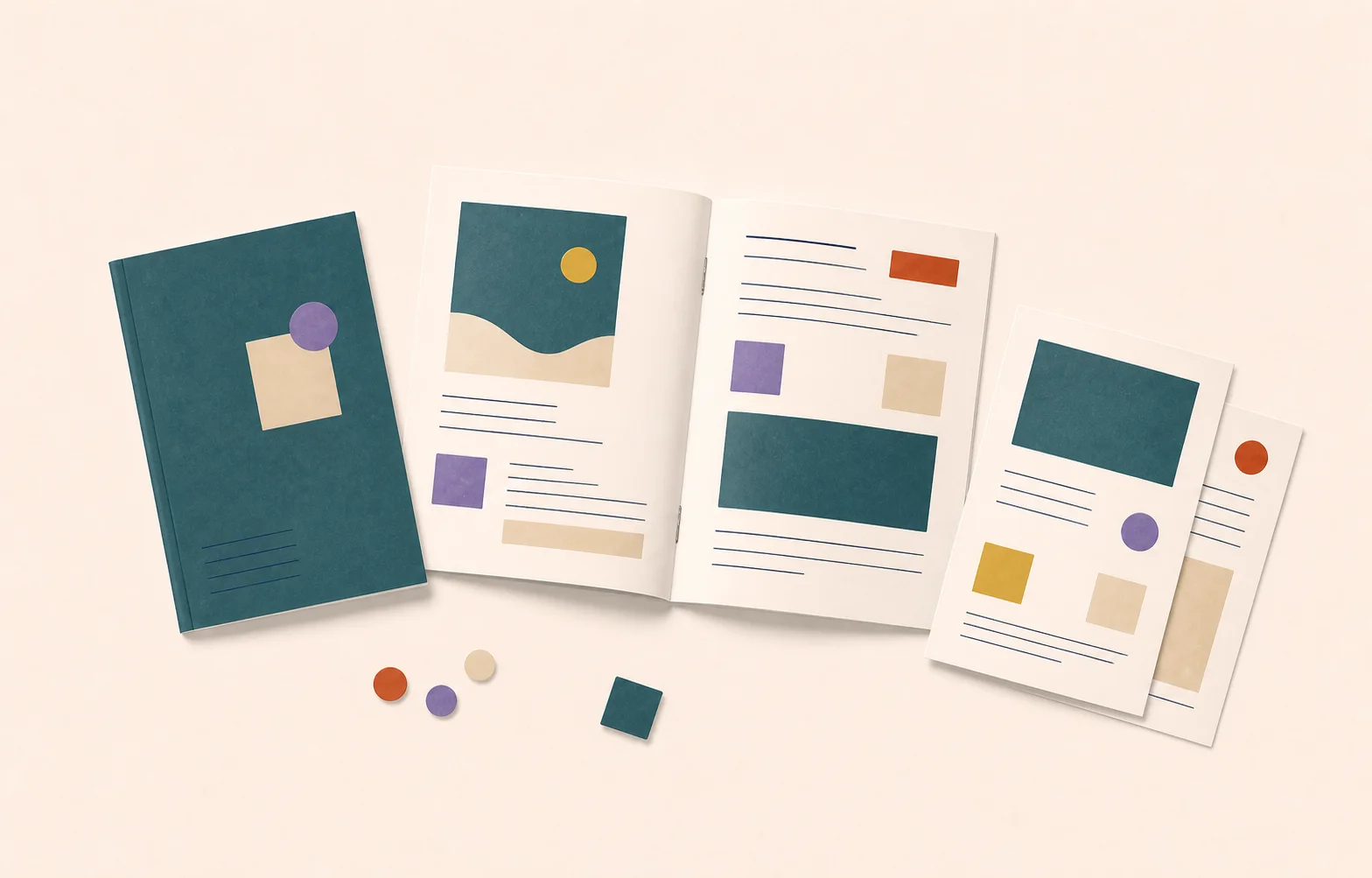 Illustration d’une brochure corporate avec couverture, doubles pages, images et hiérarchie éditoriale