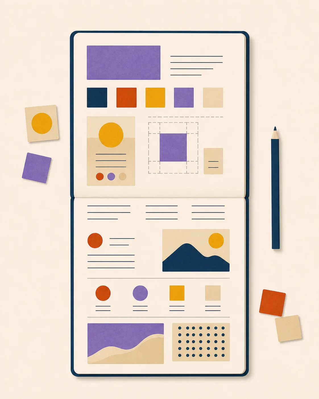 Carnet vertical présentant les couleurs, les grilles et les règles d’une charte graphique