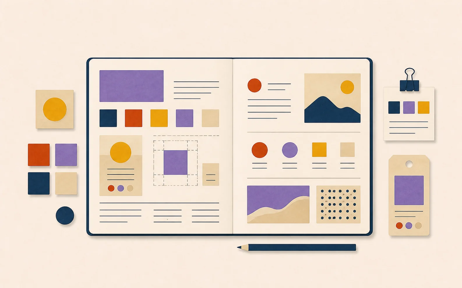 Illustration d’une charte graphique réunissant couleurs, compositions, images et règles d’utilisation