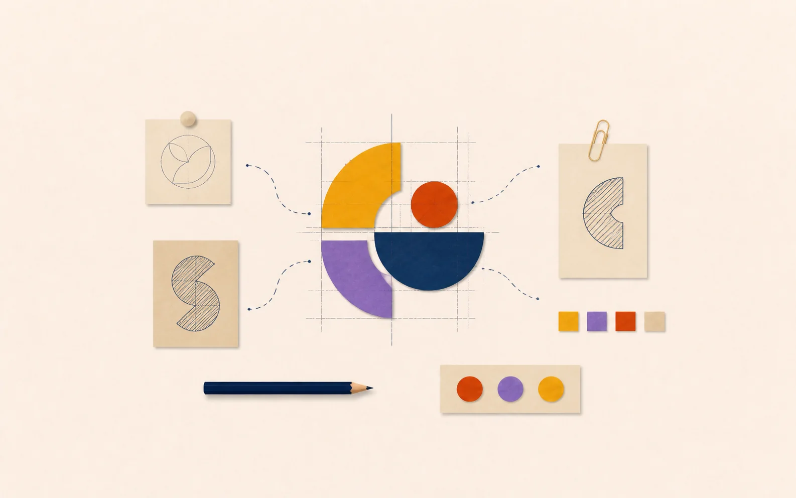 Illustration du processus de création d’un logo à partir de recherches et de formes géométriques