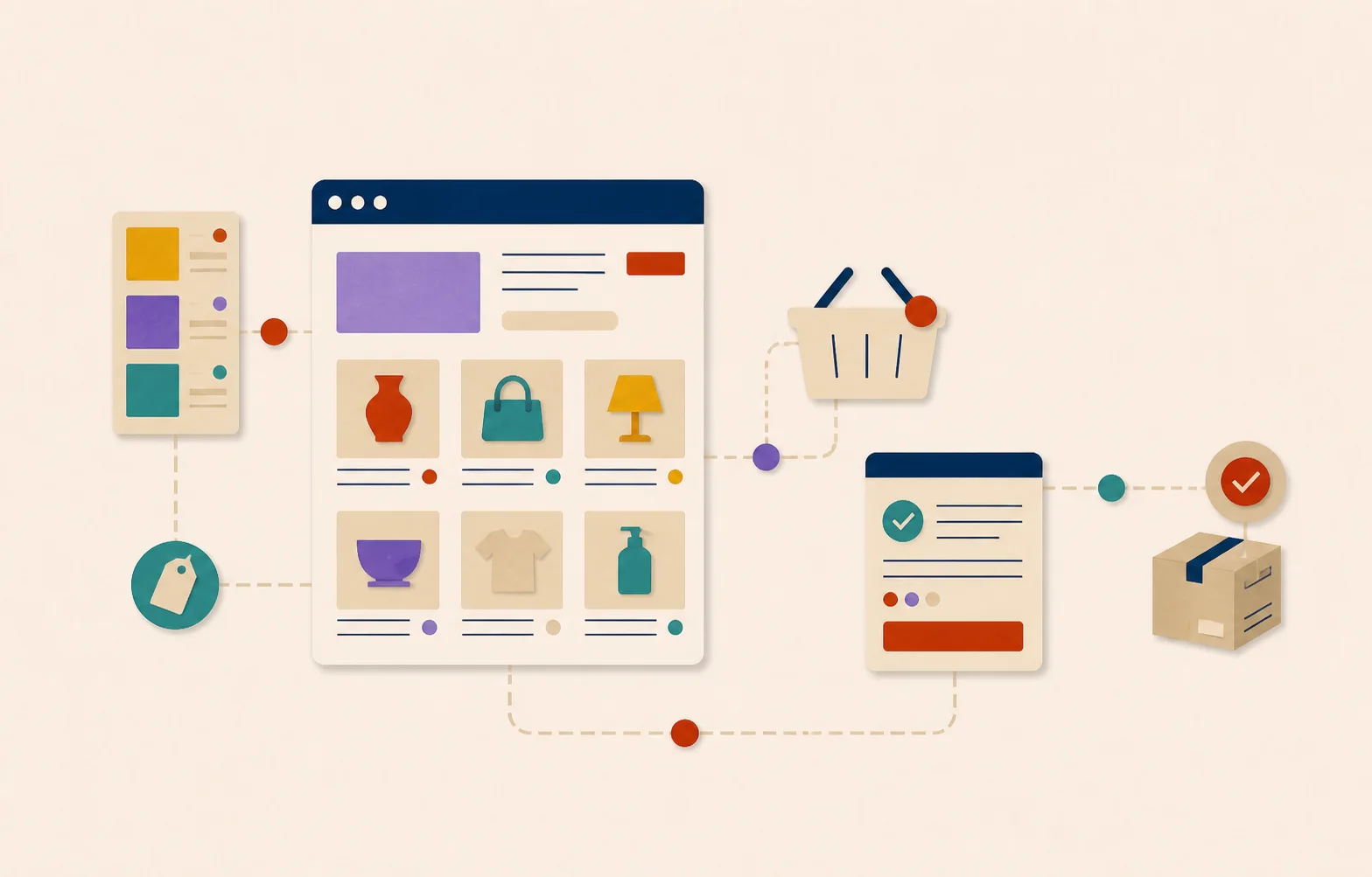 Illustration d’un site e-commerce reliant catalogue, panier, commande sécurisée et préparation du colis