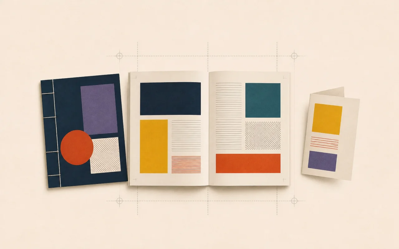 Illustration papier d’une double page éditoriale, d’une brochure et d’un dépliant