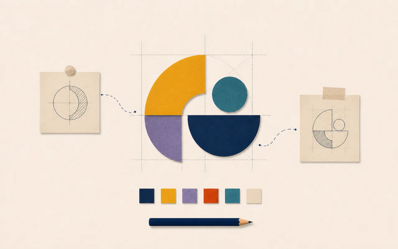 Illustration papier de la construction d’une identité visuelle et de sa palette de couleurs