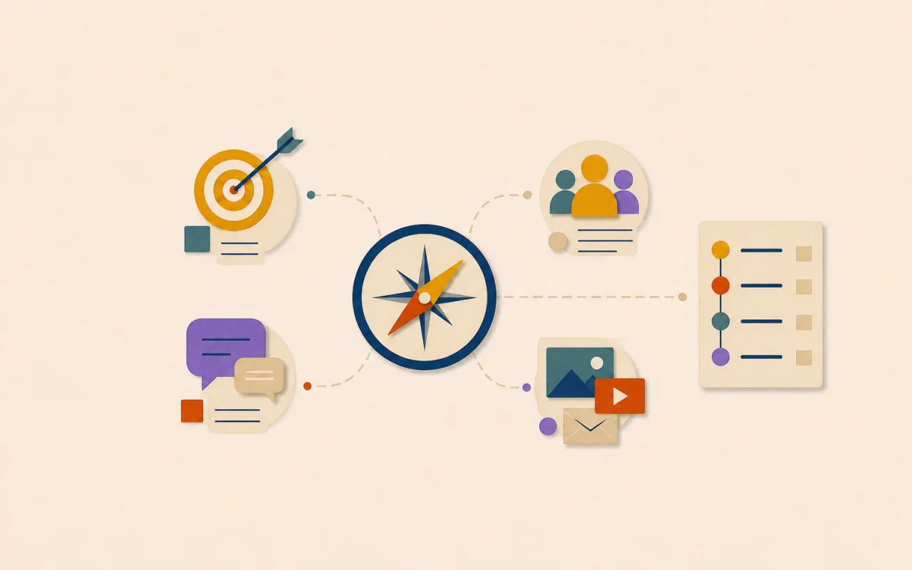 Illustration papier d’une stratégie de communication reliant objectifs, publics et actions