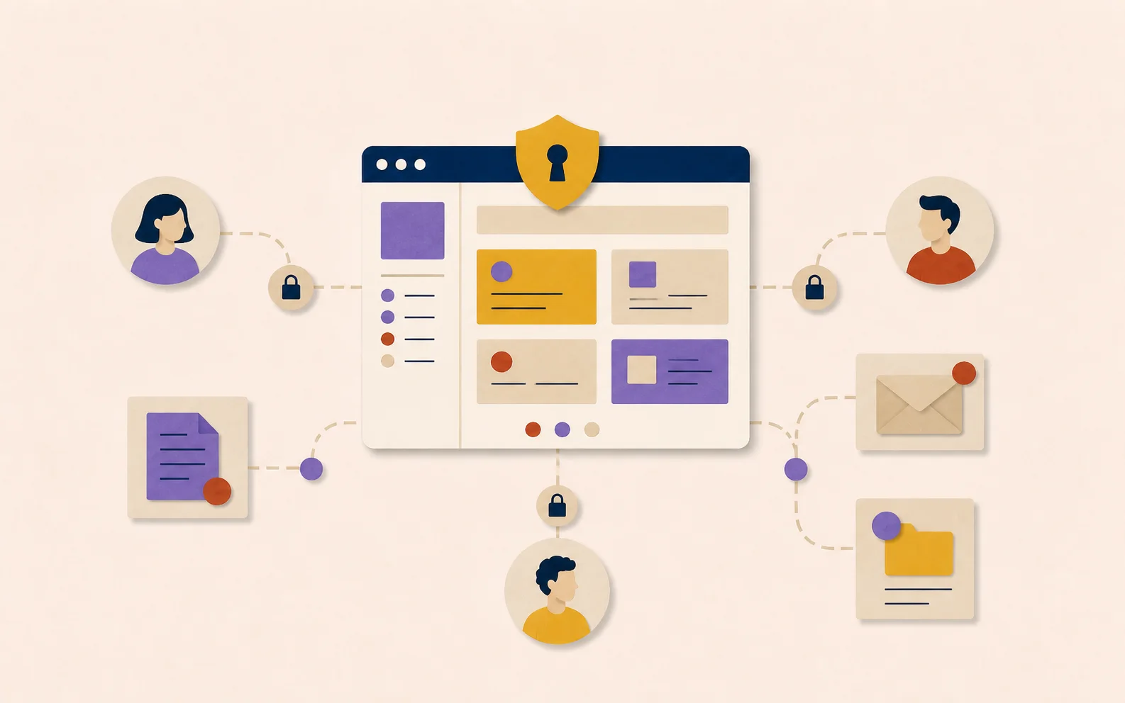 Illustration d’un espace privé sécurisé reliant plusieurs utilisateurs à des documents, messages et ressources partagées