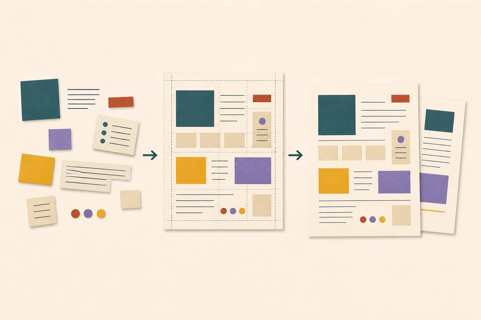 Illustration montrant des contenus bruts organisés dans une mise en page claire et hiérarchisée