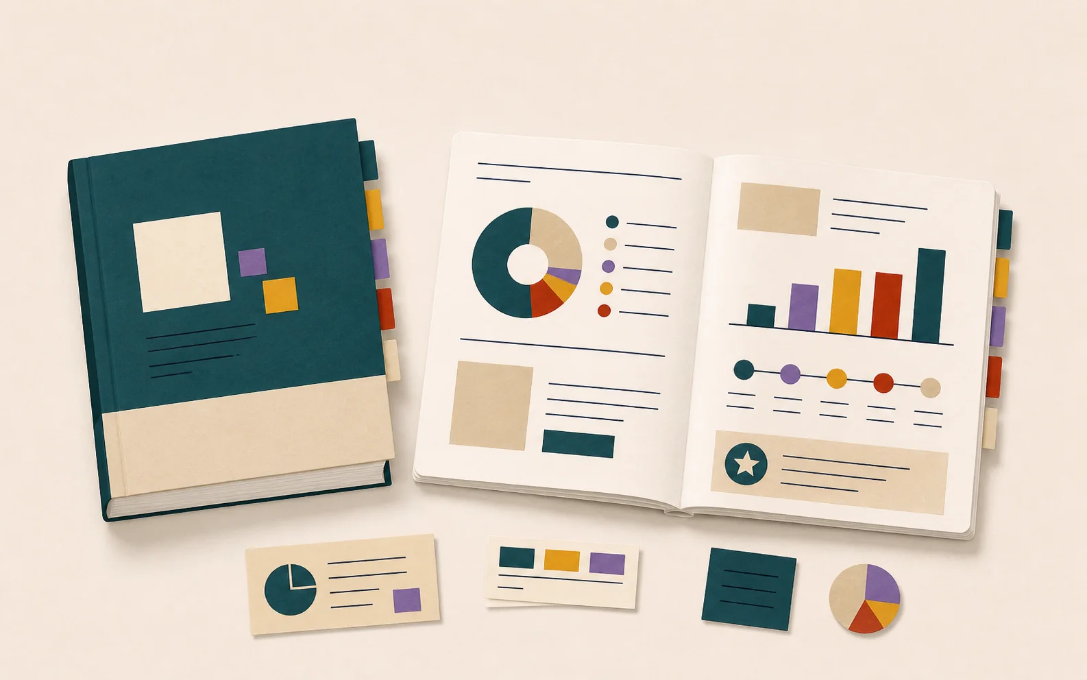 Illustration d’un rapport annuel structuré en chapitres avec graphiques, indicateurs et repères de lecture