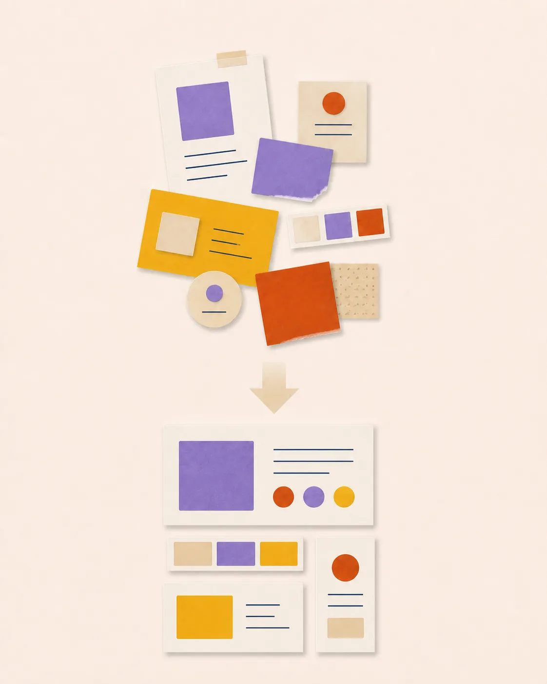 Éléments graphiques disparates réorganisés en une identité visuelle cohérente