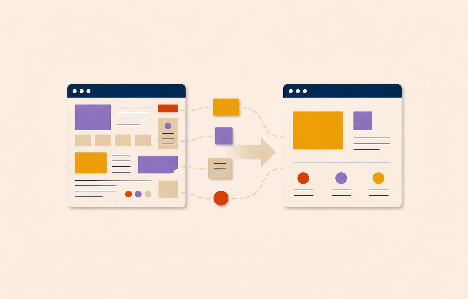 Illustration éditoriale montrant la transformation d’un site internet dense en une interface plus claire et mieux structurée