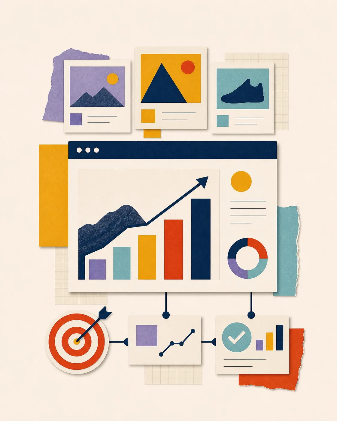 Tableau de campagne publicitaire reliant créations, progression, cible et conversion