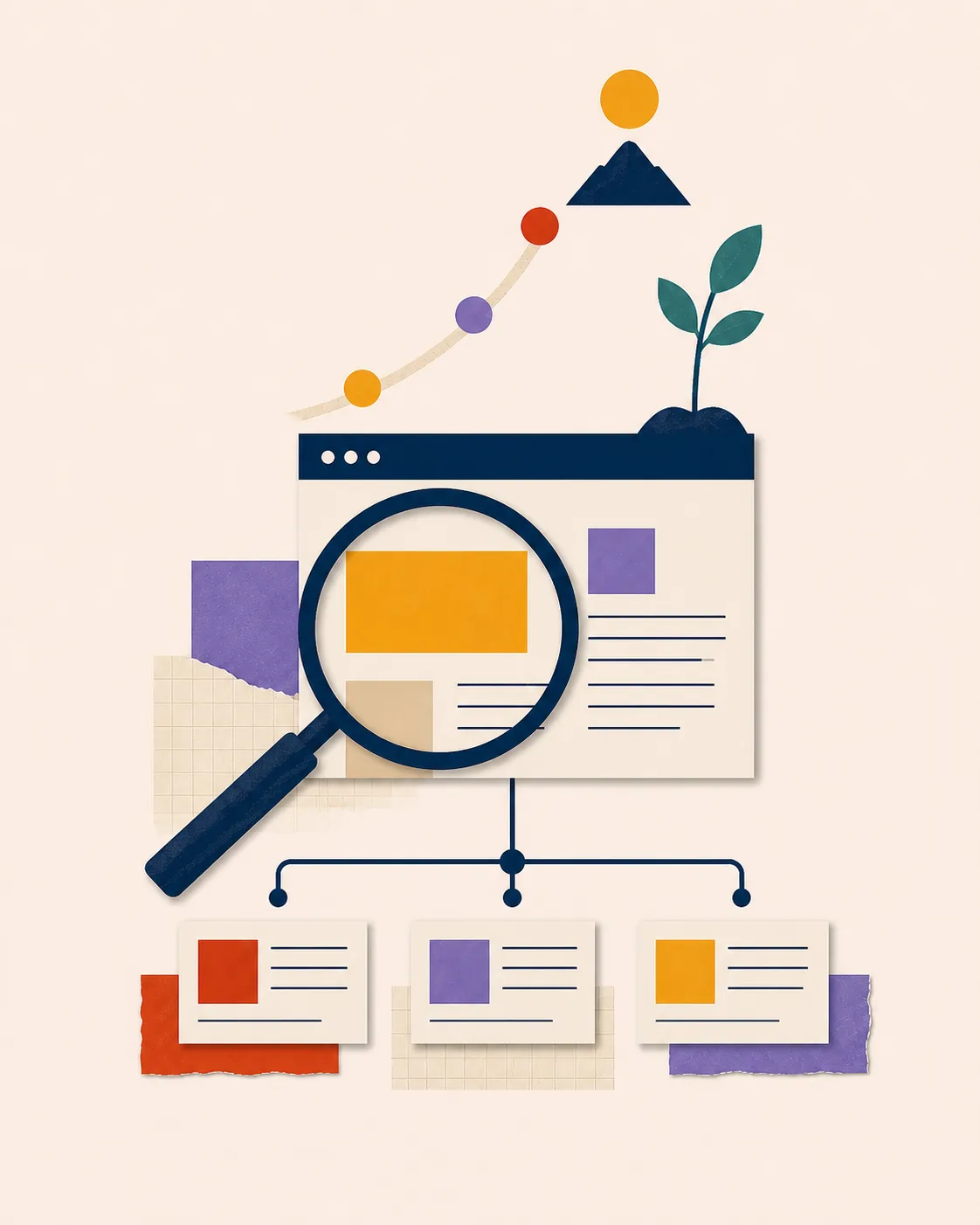 Page web analysée par une loupe et reliée à une progression de visibilité