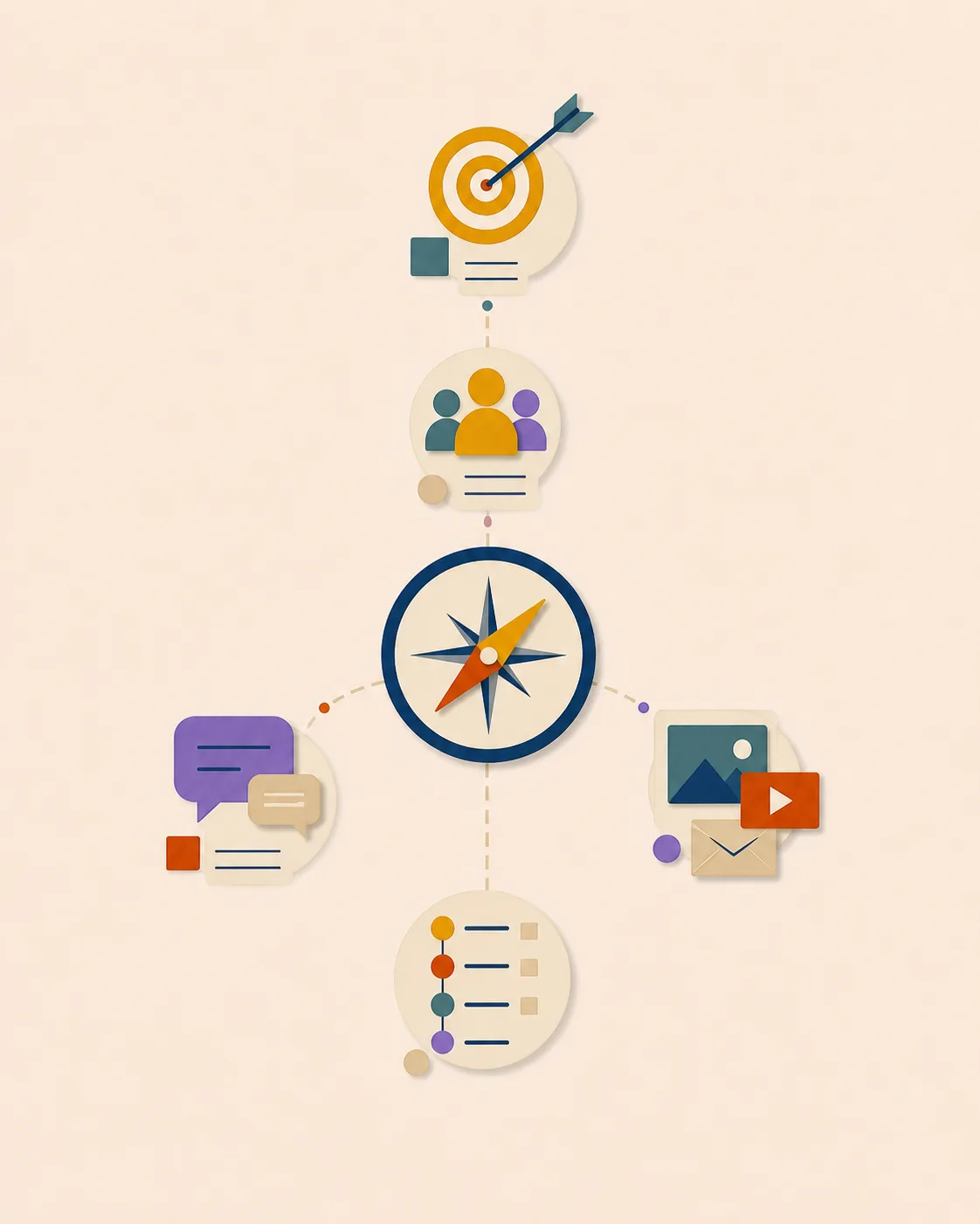Boussole reliant objectifs, publics, messages, médias et plan d’action
