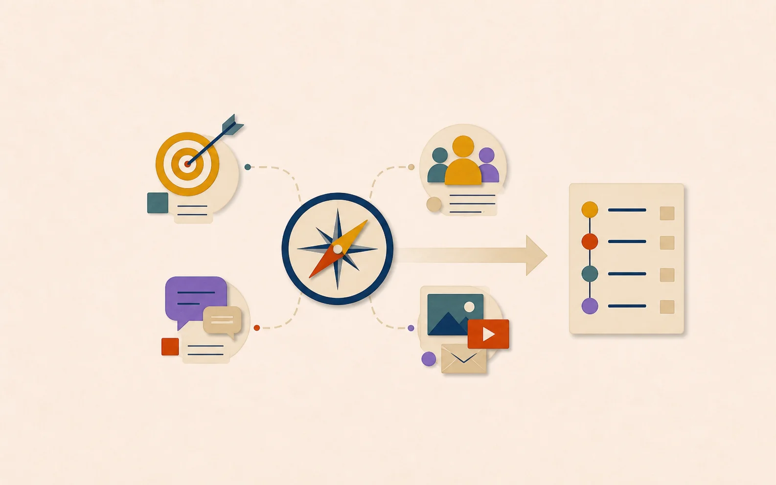 Illustration d’une stratégie de communication reliant objectifs, publics, messages, canaux et plan d’action