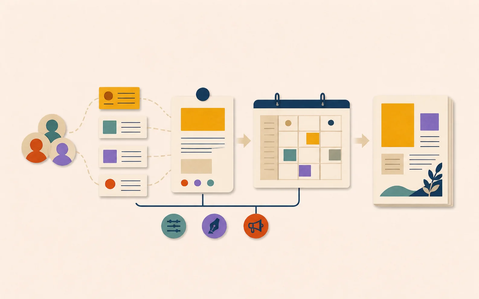 Illustration d’une stratégie éditoriale reliant les besoins des publics, les messages, le calendrier et les contenus publiés