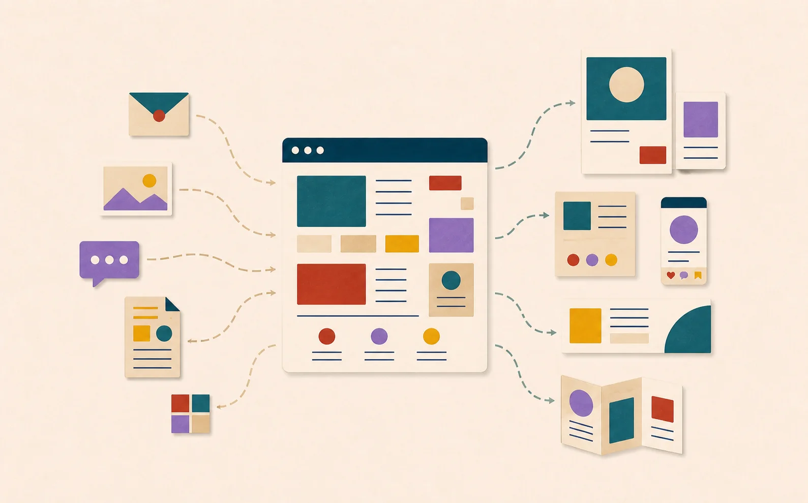 Illustration d’un studio graphique organisant plusieurs demandes en supports imprimés et numériques cohérents