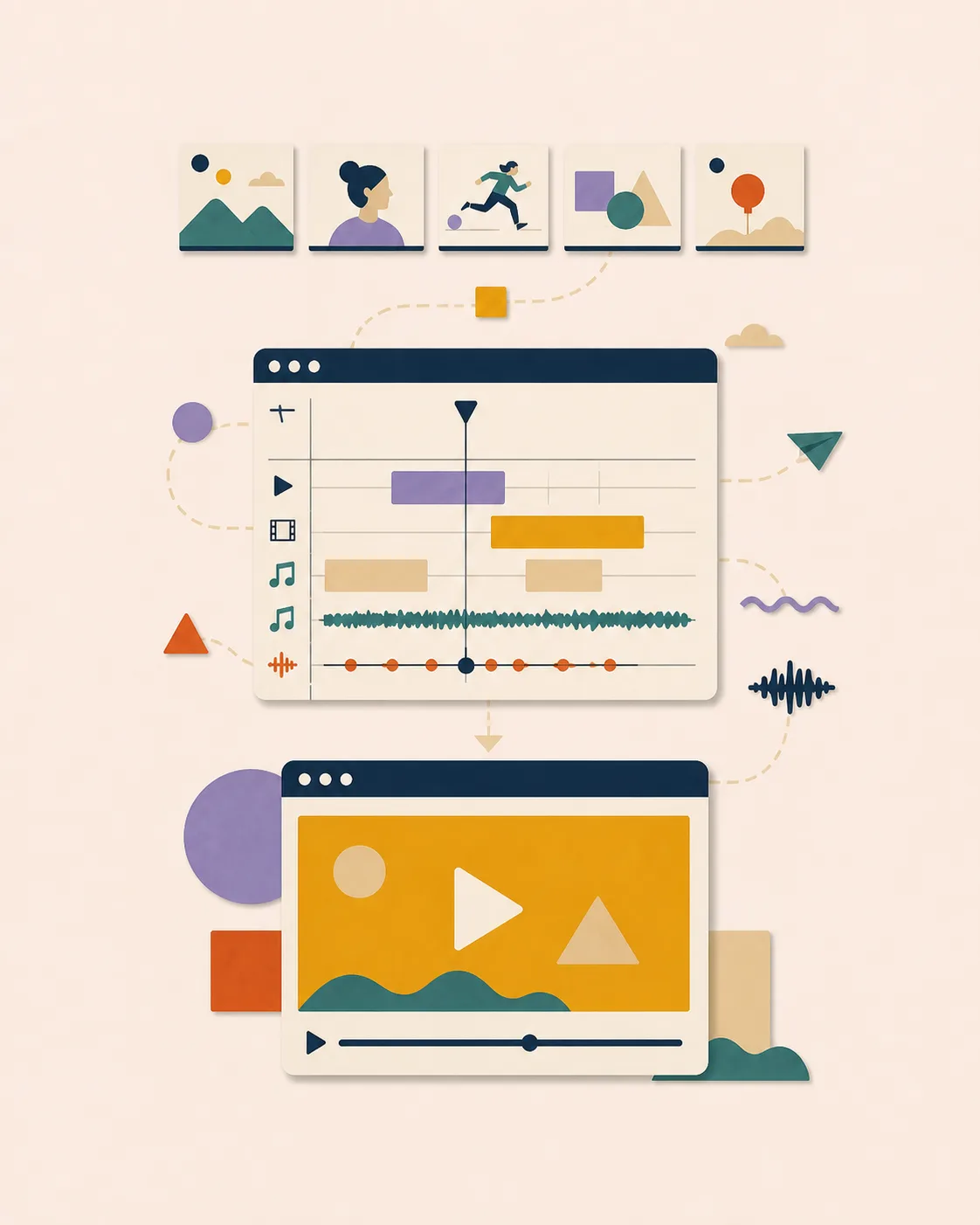 Storyboard, table de montage et lecteur vidéo organisés verticalement