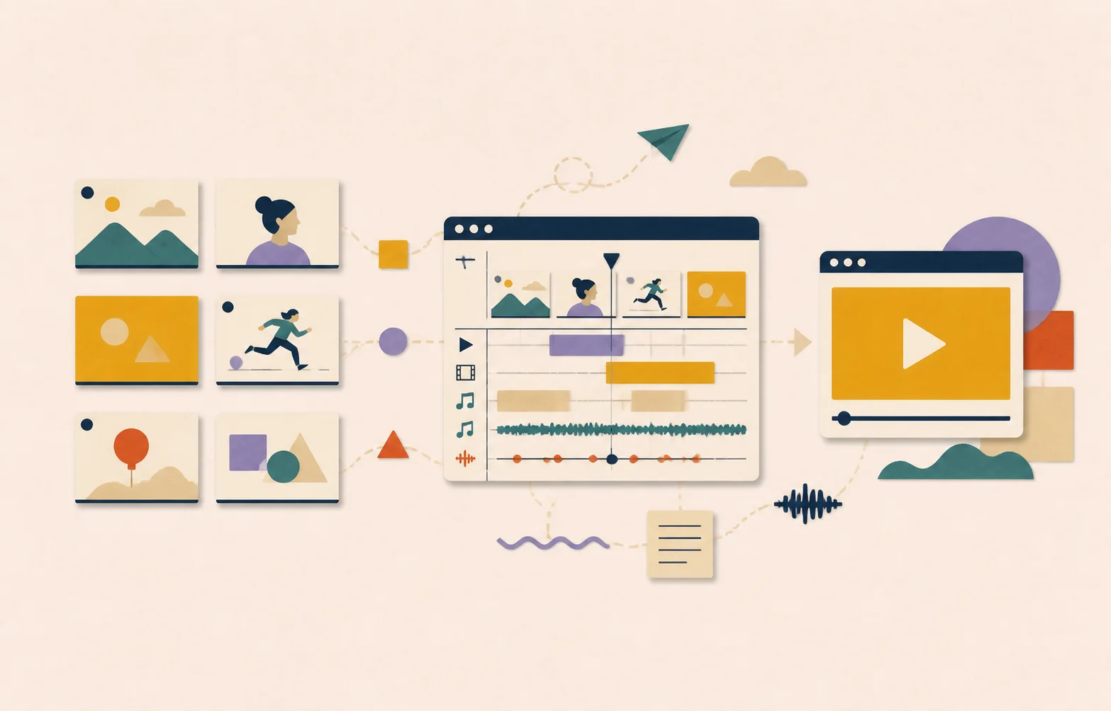 Illustration d’une production vidéo associant storyboard, montage, animation graphique, son et diffusion